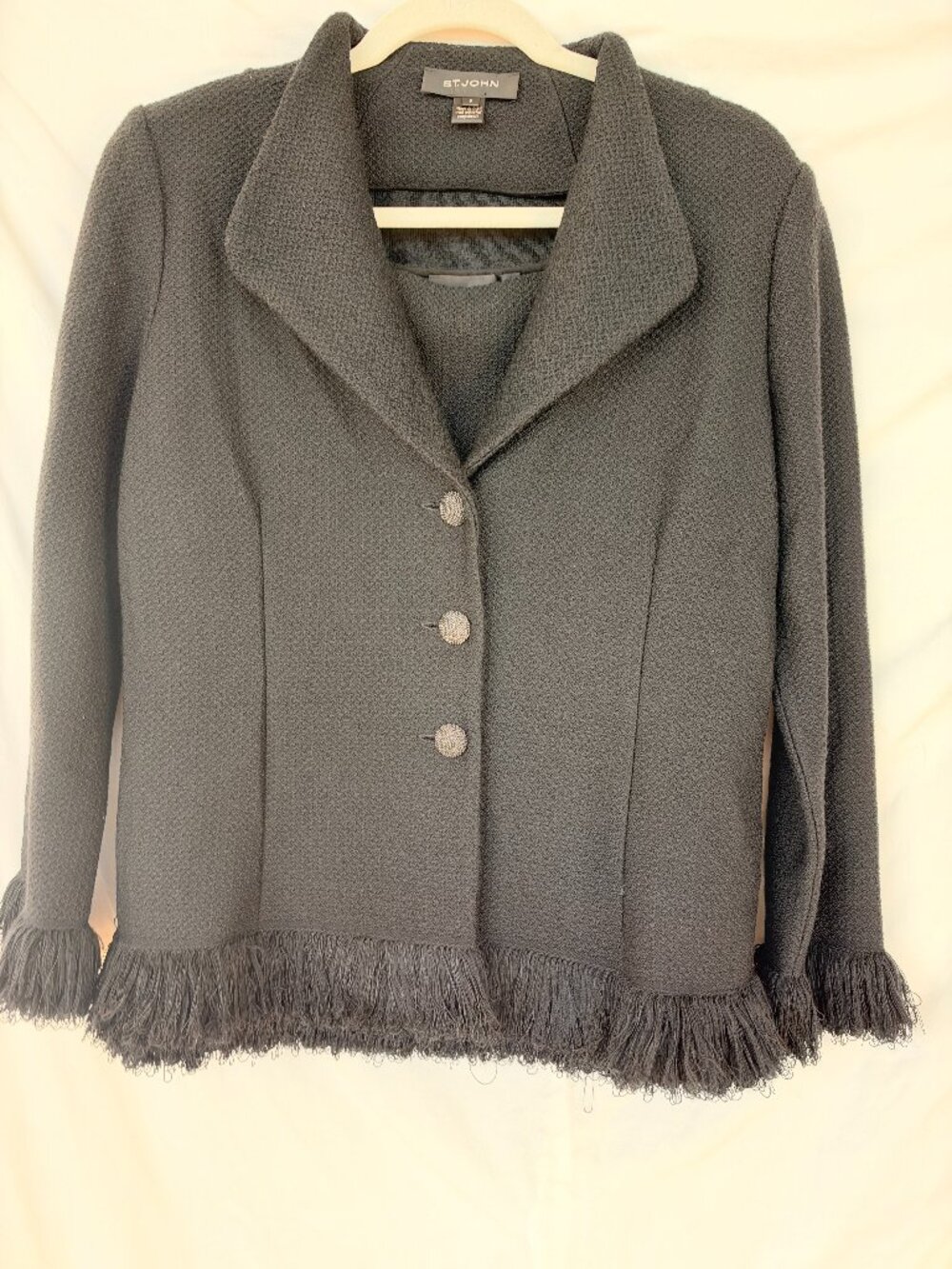 ST. JOHN Black Knit Fringe Trim Jacket & Skirt Suit Set